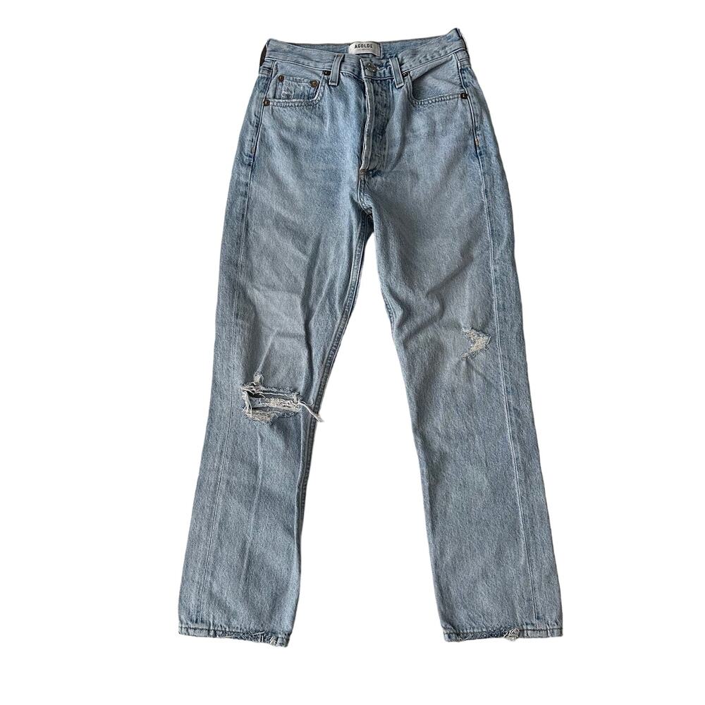 AGOLDE Riley High Rise Straight in Blue Button‎ Fly Light Distress Jean 24 Waist